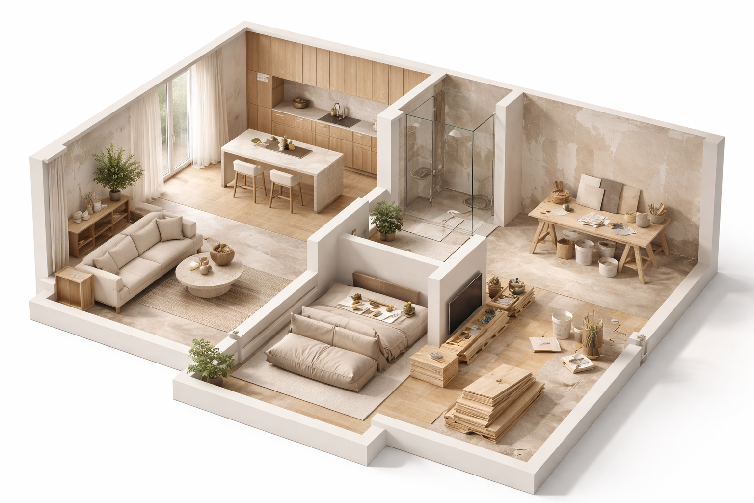 Visualización 3D de un piso en reforma integral con cocina, baño, salón, dormitorio y zona de obra en vista isométrica