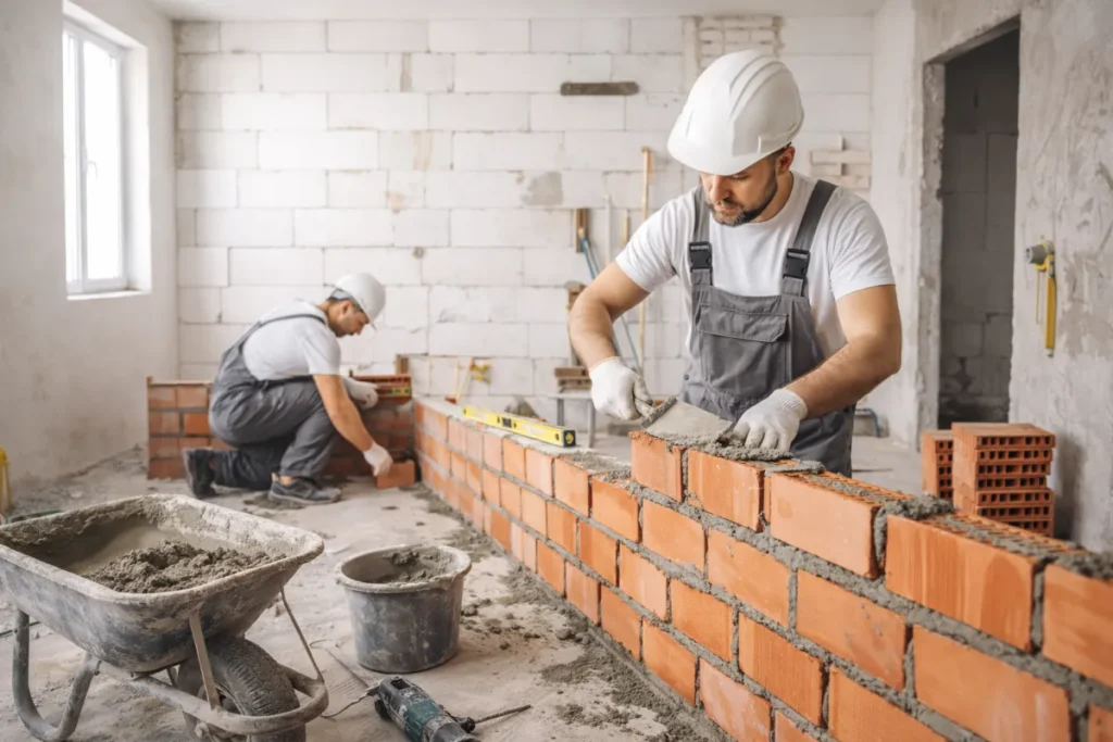 Albañil levantando tabique de ladrillo en una obra de Zaragoza