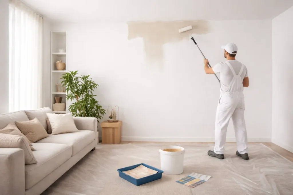 Pintor pintando el salón de una vivienda en Zaragoza