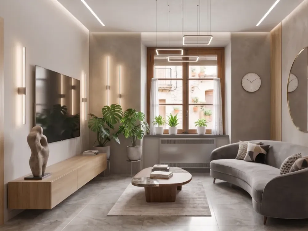 Salón reformado con iluminación indirecta y suelo nuevo